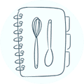 Icona quaderno con posate disegno lineare.