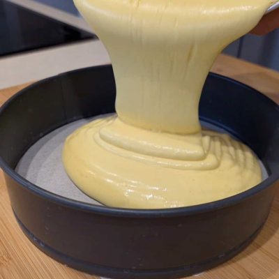 verso l'impasto nella tortiera delLa mia torta di compleanno senza glutine e senza latte